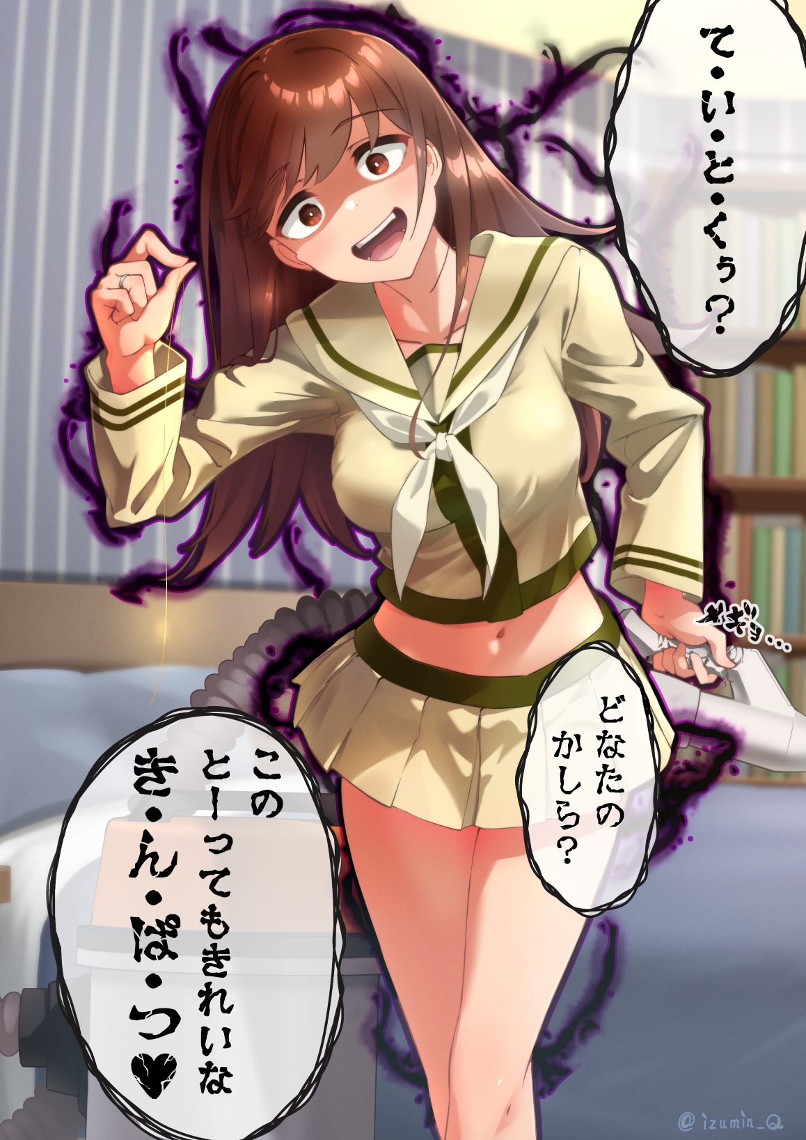 izumi kuma, ooi (kancolle), ooi kai ni (kancolle), kantai collection, check translation, highres, translation request, 1girl, breasts, brown eyes, brown hair, large breasts, long hair, long sleeves, midriff, miniskirt, navel, pleated skirt, sailor collar, school uniform, serafuku, skirt, solo, yellow sailor collar, yellow serafuku, yellow skirt