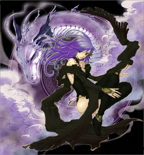 tagme, black dress, dragon, dress, fantasy, long hair, purple hair, thighhighs