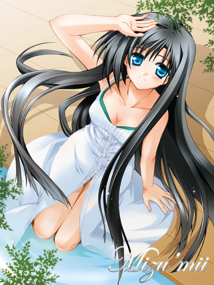 black hair, blue eyes, breasts, cleavage, dress, hand over head, long hair, mizu mii, pool, smile, thighhighs, white dress