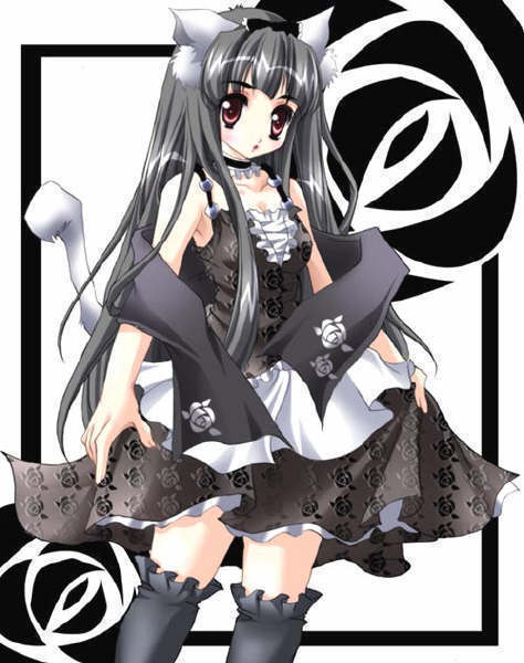 animal ears, black hair, brown eyes, cat ears, cat tail, choker, dress, long hair, tail