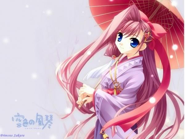 sorairo no organ, tagme, 1girl, blue eyes, female focus, japanese clothes, kimono, long hair, red hair, smile, snow, solo, umbrella