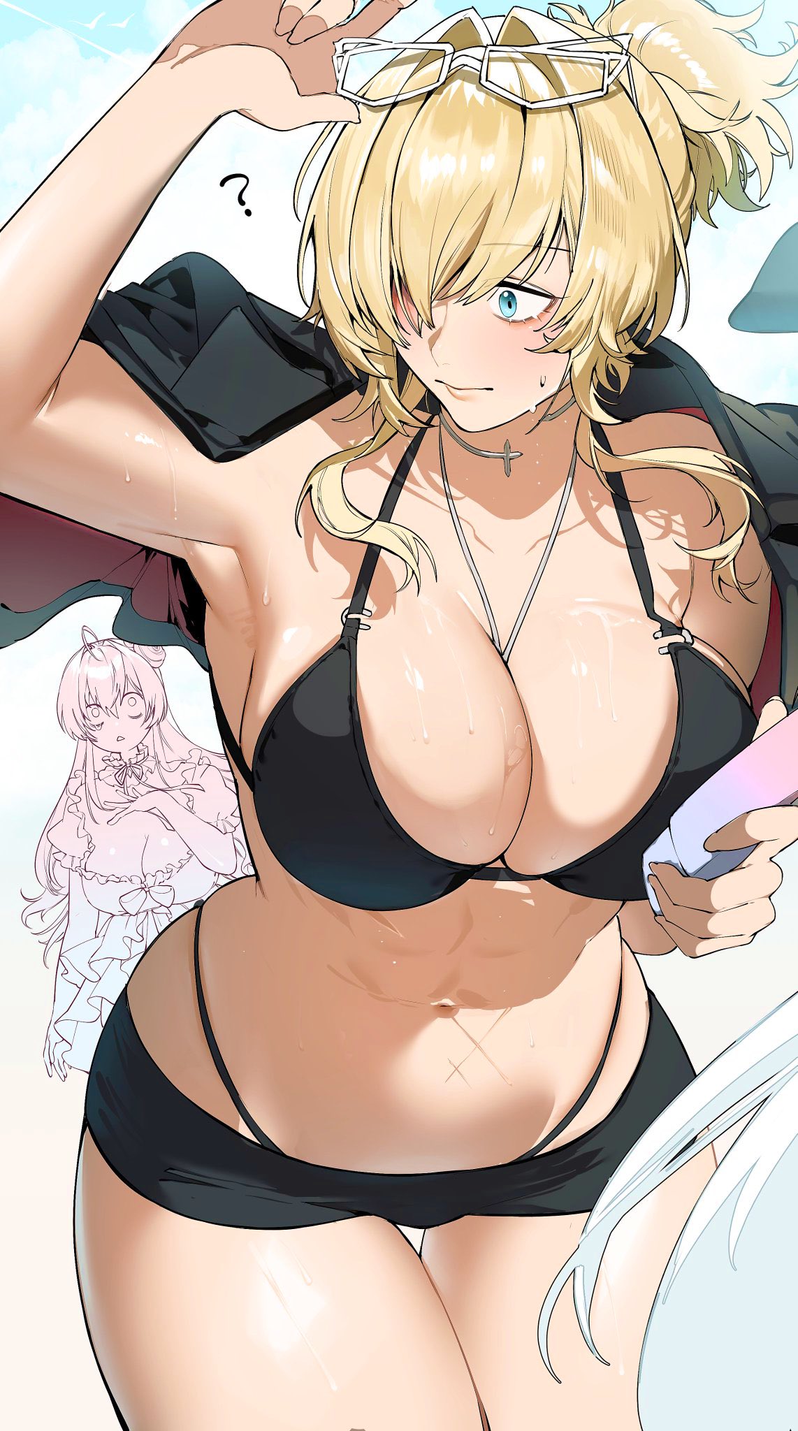 shishamo 712, cinderella (nikke), dorothy (nikke), grave (nikke), goddess of victory: nikke, highres, 3girls, ?, adjusting eyewear, bikini, black bikini, blonde hair, blue eyes, breasts, eyewear on head, large breasts, multiple girls, multiple scars, navel, out of frame, scar, scar on stomach, swimsuit