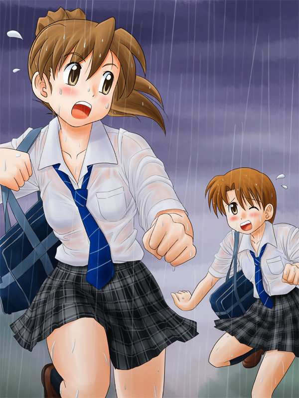 lielos, fujimoto atsuko, poniko (lielos), original, 2girls, bra, brown eyes, brown hair, lingerie, multiple girls, ponytail, school uniform, see-through clothes, shirt, underwear, wet, wet clothes, white shirt