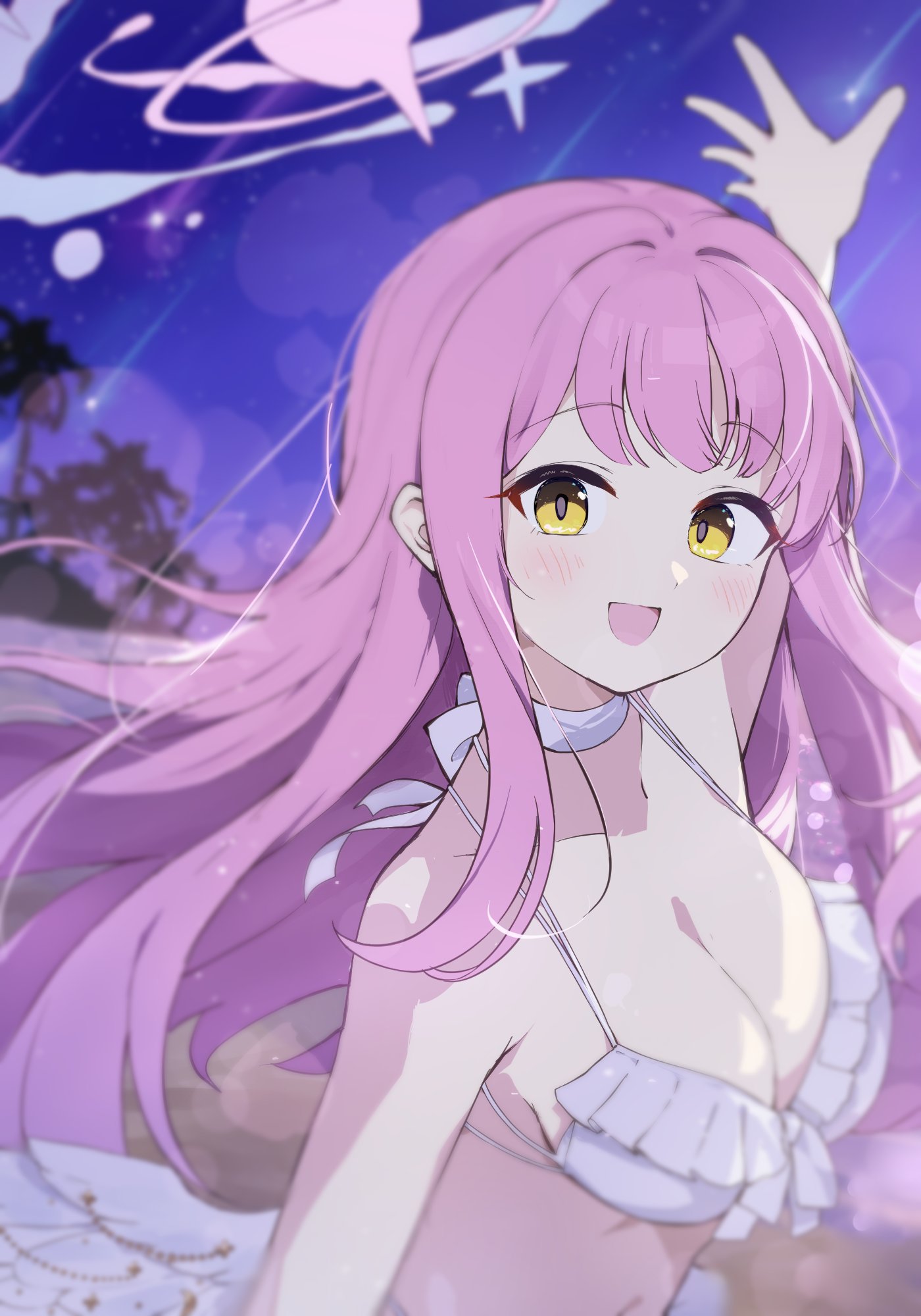 hamu6802, mika (blue archive), mika (swimsuit) (blue archive), blue archive, highres, 1girl, angel wings, arm up, bikini, blush, breasts, choker, cleavage, collarbone, feathered wings, frilled bikini, frills, halo, long hair, looking at viewer, low wings, medium breasts, official alternate costume, official alternate hairstyle, open mouth, pink hair, pink halo, smile, solo, swimsuit, very long hair, white bikini, white choker, white wings, wing ornament, wings, yellow eyes