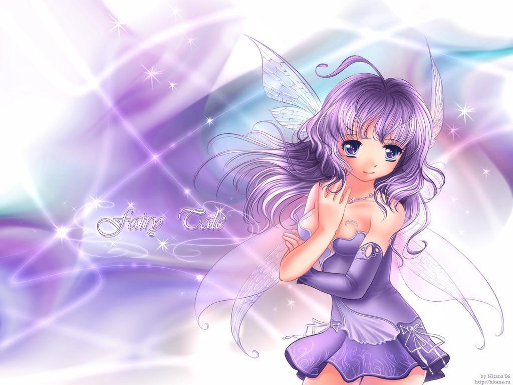 breasts, dress, fairy wings, jewelry, long hair, necklace, purple dress, purple hair, wings