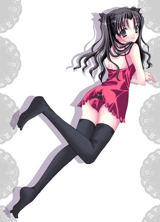 tohsaka rin, fate/stay night, fate (series), 00s, black eyes, black hair, dress, long hair, lying, night, red dress, ribbon, thighhighs, turning head