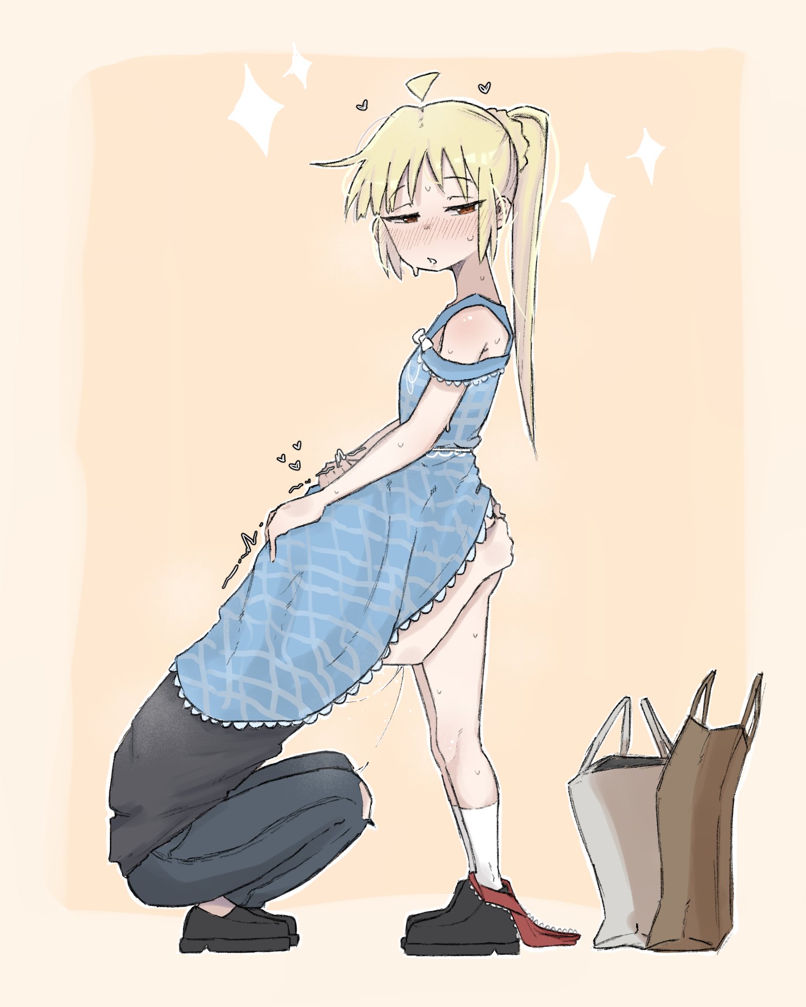 zlix0n, ijichi nijika, yamada ryo, bocchi the rock!, highres, 2girls, ahoge, black pants, black shirt, blonde hair, blue dress, clothes lift, detached ahoge, dress, female pervert, head under skirt, implied cunnilingus, long hair, medium hair, multiple girls, pants, pervert, red eyes, shirt, shop, short sleeves, side ponytail, simple background, sleeveless, sleeveless dress, sparkle, squatting, yuri