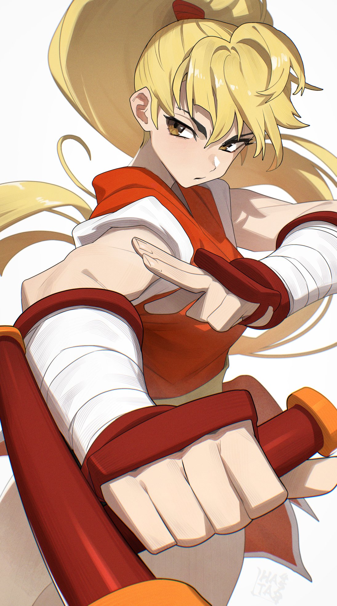 hata4564, genryuusai maki, final fight, final fight 2, highres, 1girl, bandaged arm, bandages, blonde hair, breasts, brown eyes, dougi, fighting stance, foreshortening, high ponytail, holding, holding weapon, long hair, medium breasts, motoyui, ponytail, red dougi, simple background, solo, tonfa, vambraces, very long hair, weapon, white background
