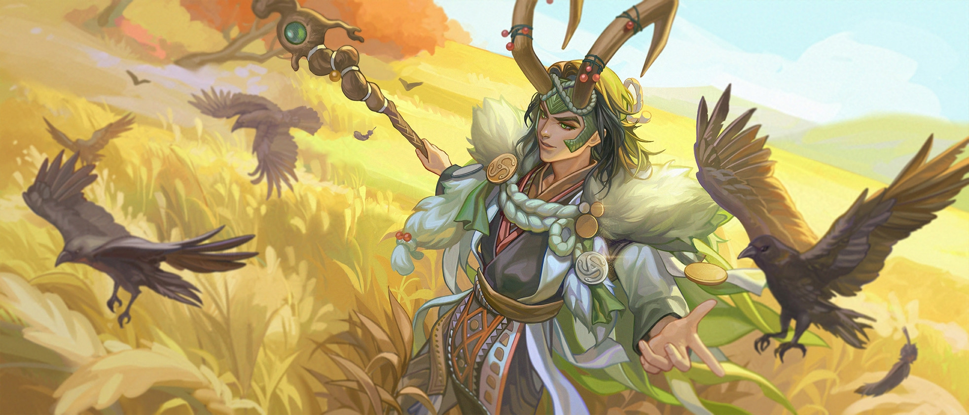 ly hao nguyen, marvel, marvel rivals, thor (marvel) (series), commentary, english commentary, highres, 1boy, bird, black hair, blue sky, cape, crow, fake horns, feathers, floating cape, from above, fur trim, green cape, green eyes, holding, holding staff, horned headwear, horns, japanese clothes, loki (shin sagi-shi) (marvel), male focus, medallion, medium hair, official alternate costume, outdoors, sky, solo, staff, tree, wheat field