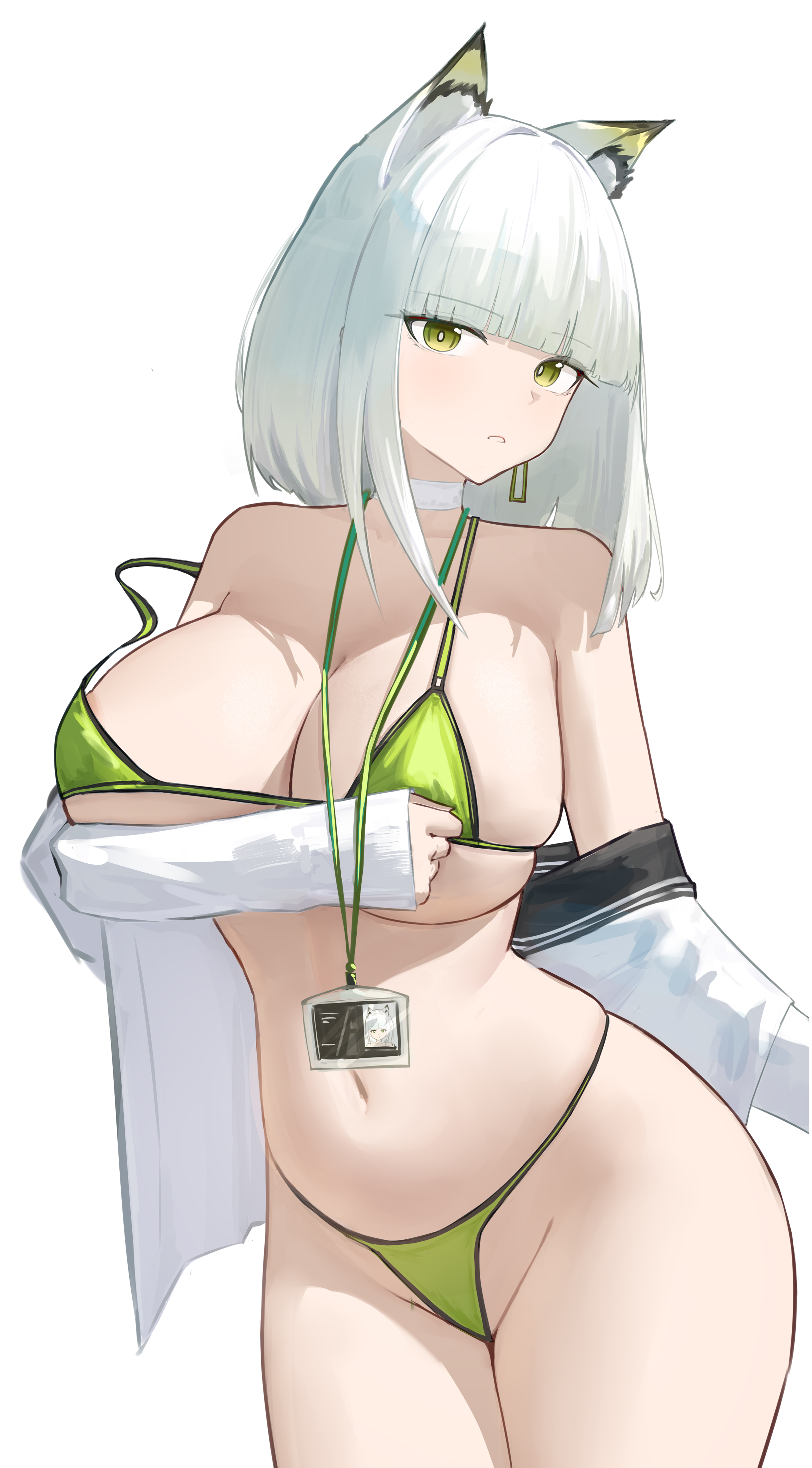 ciexbiet, kal'tsit (arknights), arknights, absurdres, chinese commentary, commentary request, highres, 1girl, alternate breast size (larger), alternate costume, animal ear fluff, animal ears, badge, bare shoulders, bikini, breasts, cat ears, cat girl, choker, cleavage, cowboy shot, green bikini, green eyes, huge breasts, long hair, long sidelocks, long sleeves, looking at viewer, micro bikini, navel, open clothes, open shirt, parted lips, shirt, shirt partially removed, sidelocks, simple background, solo, stomach, strap slip, swimsuit, white background, white choker, white hair, white shirt