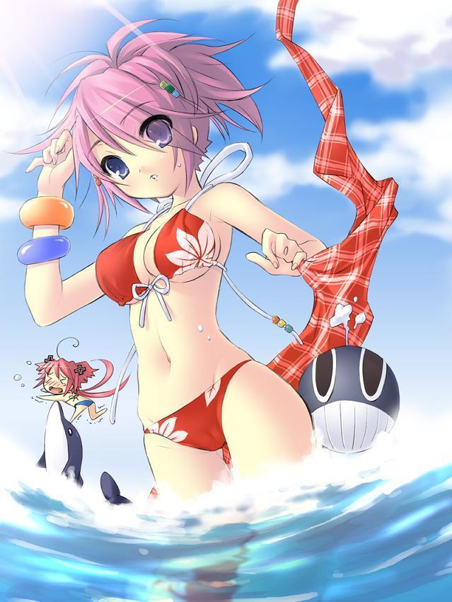 ito noizi, akizuki nagi, momose hikaru, peace@pieces, bikini, bra, breasts, dolphin, lingerie, ocean, purple eyes, purple hair, short hair, swimsuit, underwear