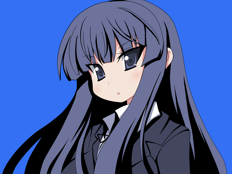 oborotsuki kakeru, akiyama mio, k-on!, 00s, 1girl, black eyes, black hair, blunt bangs, female focus, hime cut, school uniform, simple background, solo