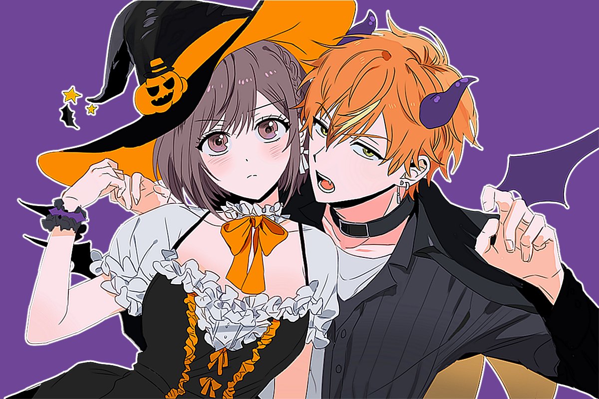 shinonome akito, shinonome ena, project sekai, 1005 0827, 1boy, 1girl, black dress, blush, bow, braid, brother and sister, brown eyes, brown hair, choker, claw pose, dress, fangs, frills, halloween, halloween costume, hat, horns, looking at viewer, open mouth, orange bow, orange hair, orange ribbon, puffy short sleeves, puffy sleeves, purple background, ribbon, shirt, short hair, short sleeves, siblings, simple background, star (symbol), upper body, wings, witch hat