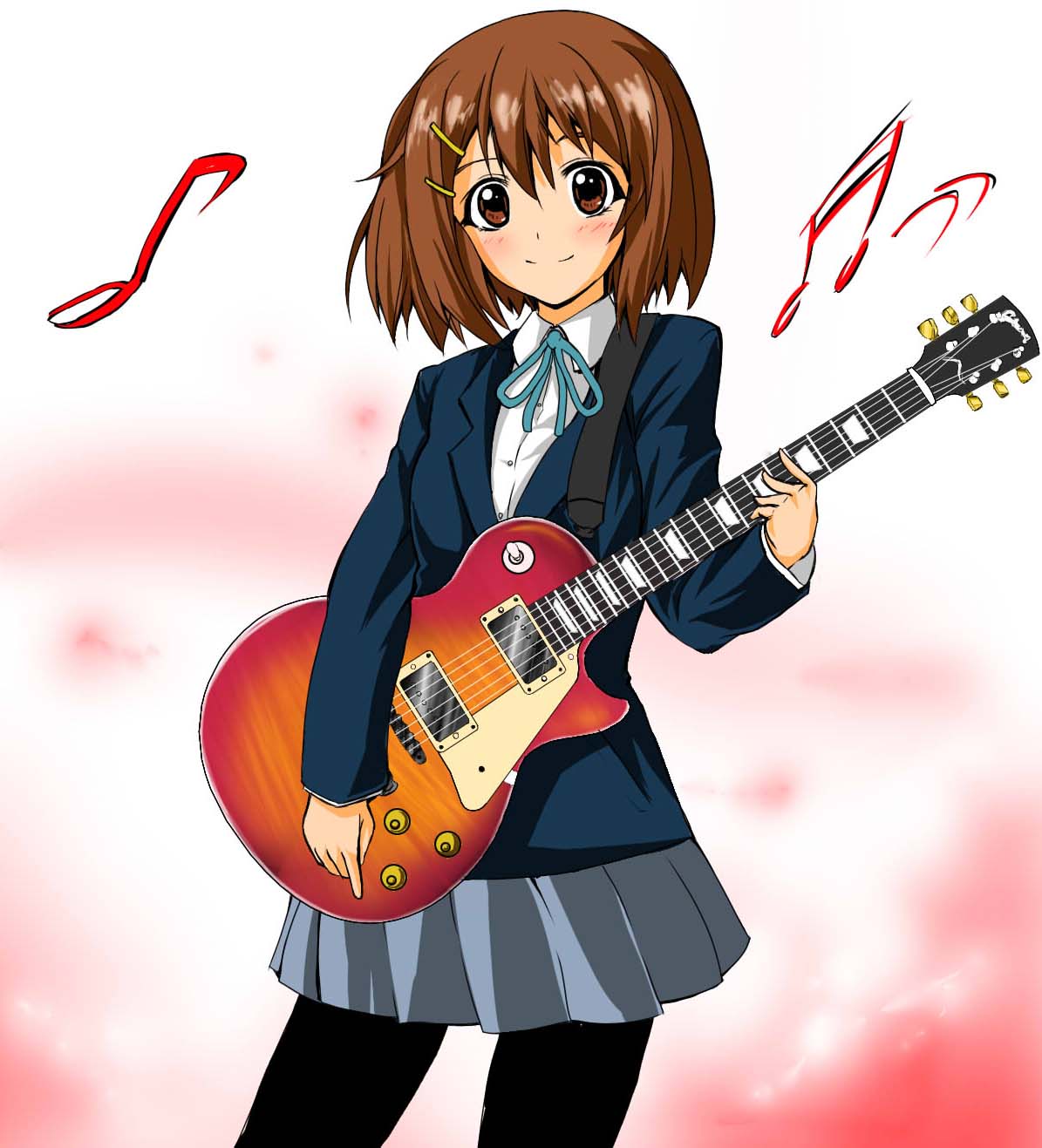 kayama kenji, reki 48, hirasawa yui, k-on!, bad id, bad pixiv id, highres, 00s, 1girl, electric guitar, female focus, gibson les paul, guitar, instrument, pantyhose, school uniform, solo