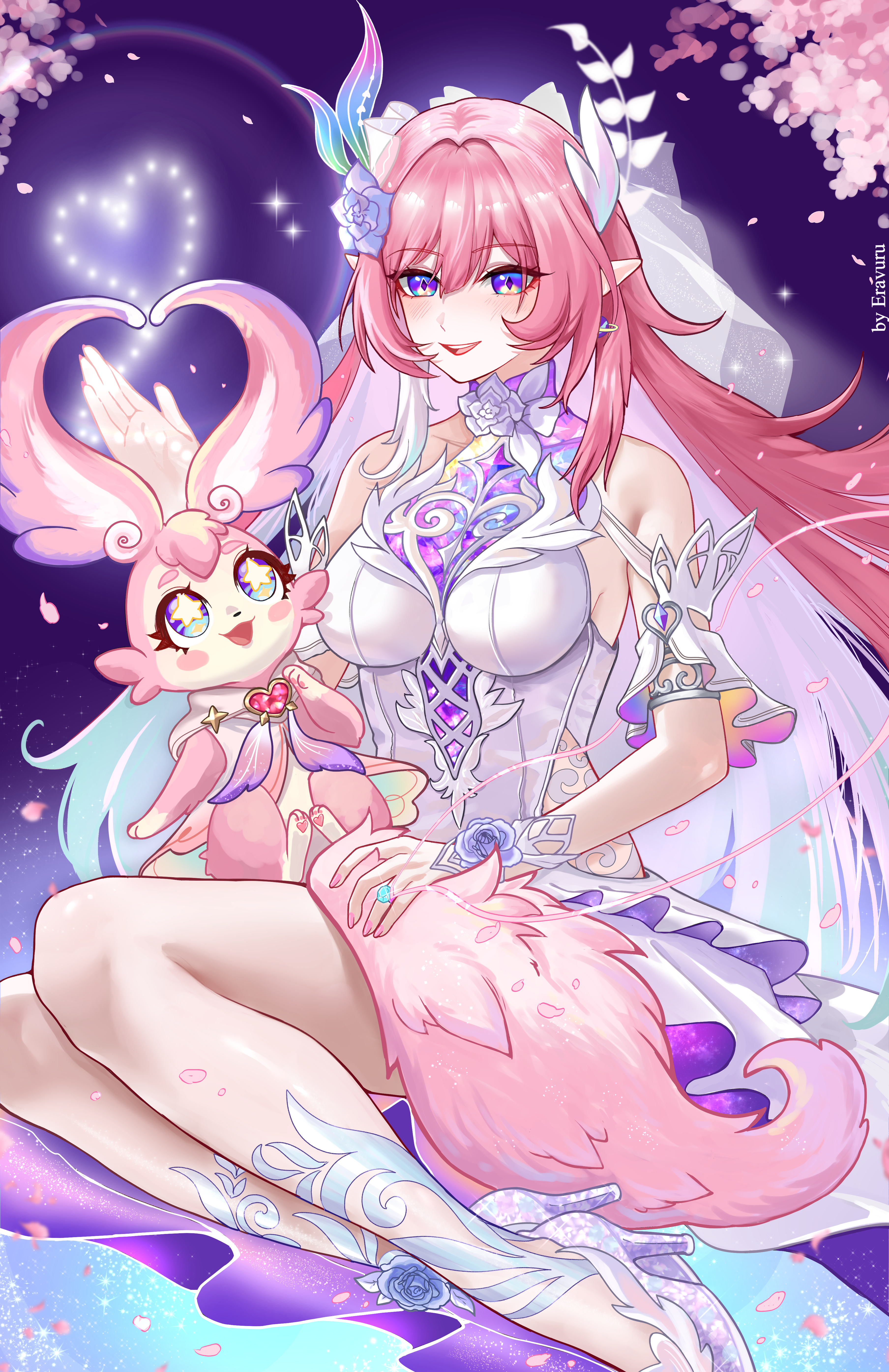 eravuru, cyrene (honkai: star rail), cyrene (ripples of past reverie) (honkai: star rail), honkai: star rail, honkai (series), absurdres, bilingual commentary, highres, mixed-language commentary, 1girl, animal, animal on lap, blue eyes, boots, breasts, bridal veil, cherry blossoms, colored inner hair, diamond-shaped pupils, diamond (shape), dress, earrings, flower, hair flower, hair ornament, halo, heart, high heel boots, high heels, jewelry, large breasts, long hair, multicolored hair, on lap, pink hair, pointy ears, purple eyes, symbol-shaped pupils, tail, two-tone hair, veil, very long hair, white dress, white hair