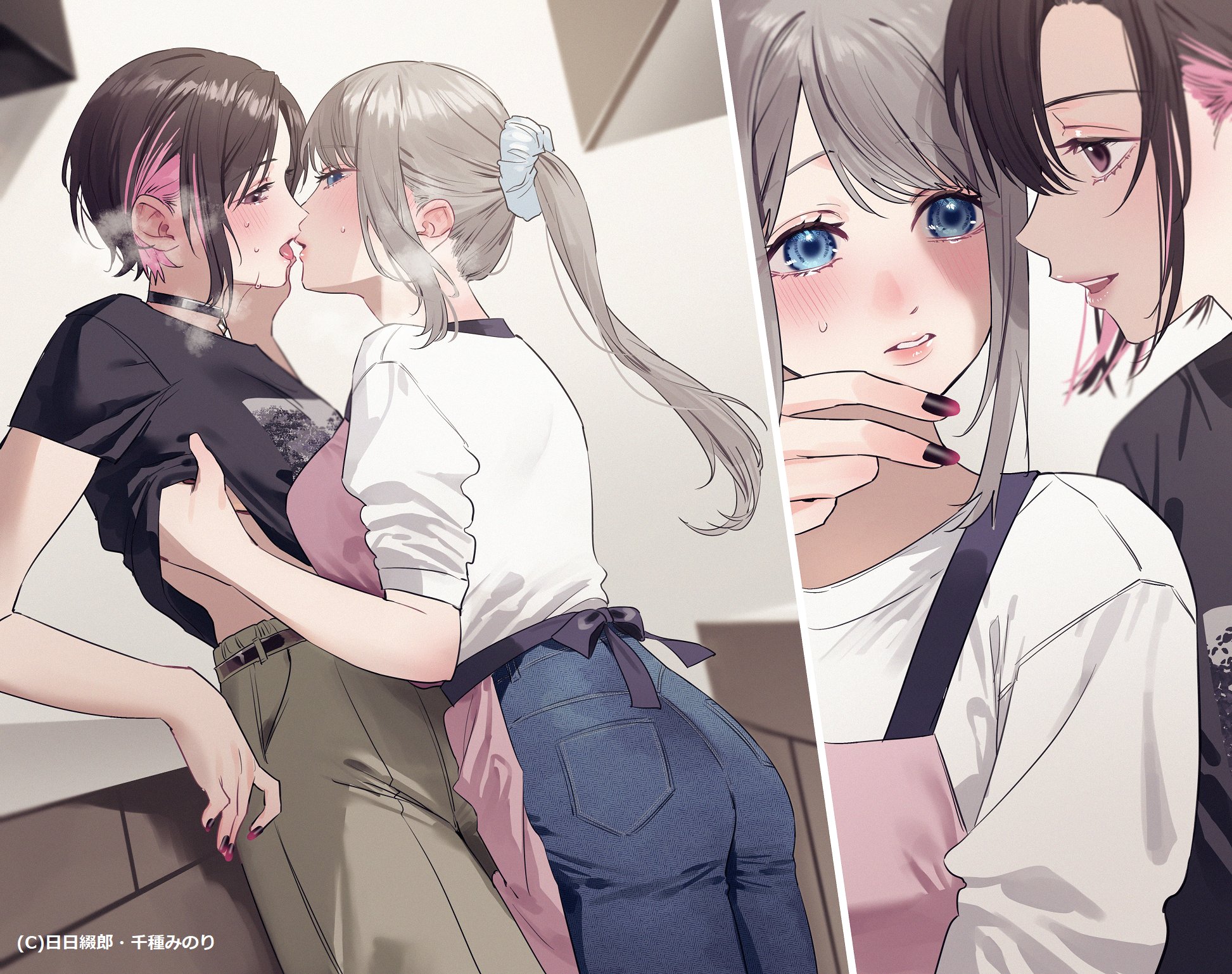 chigusa minori, saotome shino (shino to ren), shirayuki ren, shino to ren, commentary request, highres, official art, 2girls, black choker, black hair, black nails, black shirt, blue eyes, blue pants, blue scrunchie, blush, brown pants, choker, grey hair, hair ornament, hair scrunchie, hand under clothes, long hair, multiple girls, nail polish, open mouth, pants, pink hair, purple nails, scrunchie, shirt, short hair, sidelocks, sweatdrop, white shirt, yuri