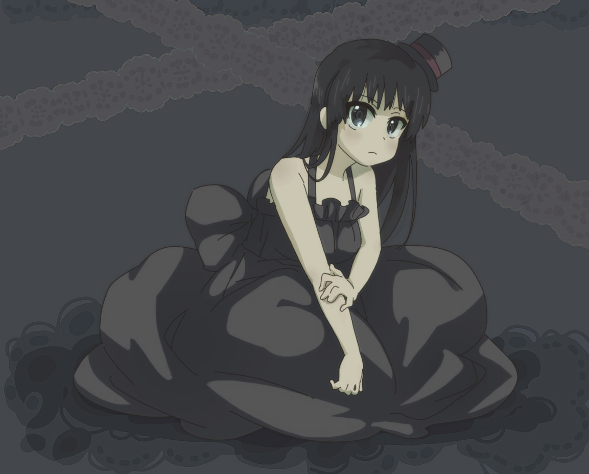 negitama (nagi), akiyama mio, don't say "lazy", k-on!, bad id, bad pixiv id, 00s, 1girl, black eyes, black hair, blunt bangs, female focus, hat, hime cut, mini hat, mini top hat, solo, top hat