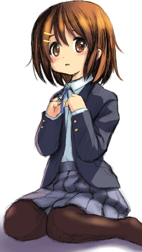 hinata yuyuki, hirasawa yui, k-on!, lowres, 00s, 1girl, brown eyes, brown hair, female focus, hair ornament, hairclip, open mouth, pantyhose, school uniform, solo