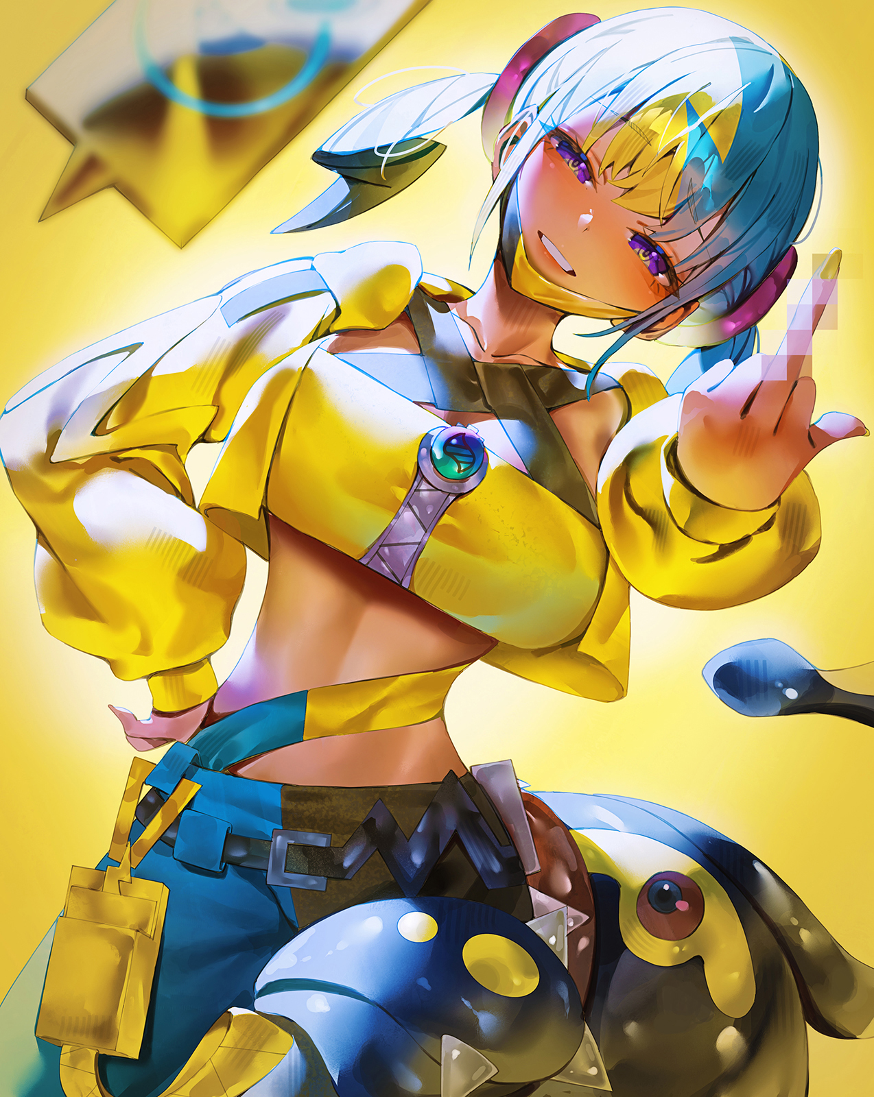 indol, canari (pokemon), eelektross, nintendo, pokemon, pokemon legends: z-a, highres, 1girl, aqua hair, black mask, blonde hair, breasts, censored, dark skin, gen 5 pokemon, jacket, looking at viewer, mask, mask pull, middle finger, mosaic censoring, mouth mask, multicolored hair, navel, pants, purple eyes, short twintails, solo, split-color hair, sports bra, twintails, two-tone hair, two-tone mask, yellow background, yellow jacket, yellow mask, yellow sports bra