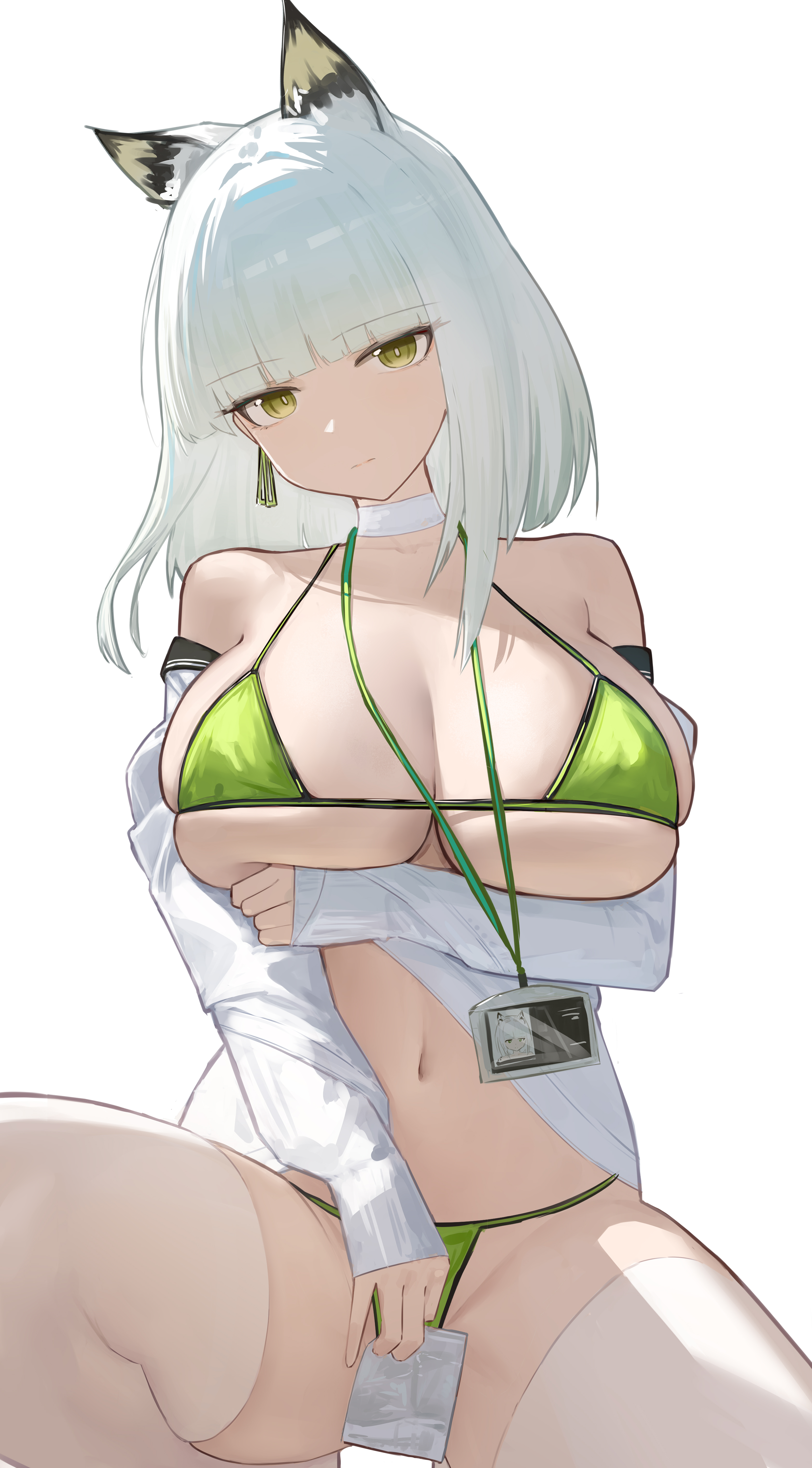 ciexbiet, kal'tsit (arknights), arknights, absurdres, chinese commentary, commentary request, highres, 1girl, alternate breast size (larger), alternate costume, animal ear fluff, animal ears, badge, bare shoulders, bikini, breasts, cat ears, cat girl, choker, cleavage, closed mouth, feet out of frame, green bikini, green eyes, huge breasts, long hair, long sidelocks, long sleeves, looking at viewer, micro bikini, navel, open clothes, open shirt, shirt, shirt partially removed, sidelocks, simple background, solo, stomach, swimsuit, thighhighs, white background, white choker, white hair, white shirt, white thighhighs