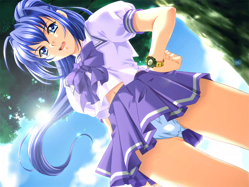 hayase mitsuki, kimi ga nozomu eien, non-web source, 00s, blue eyes, blue hair, dutch angle, from below, long hair, navel, panties, pantyshot, ponytail, school uniform, solo, underwear, watch, wristwatch