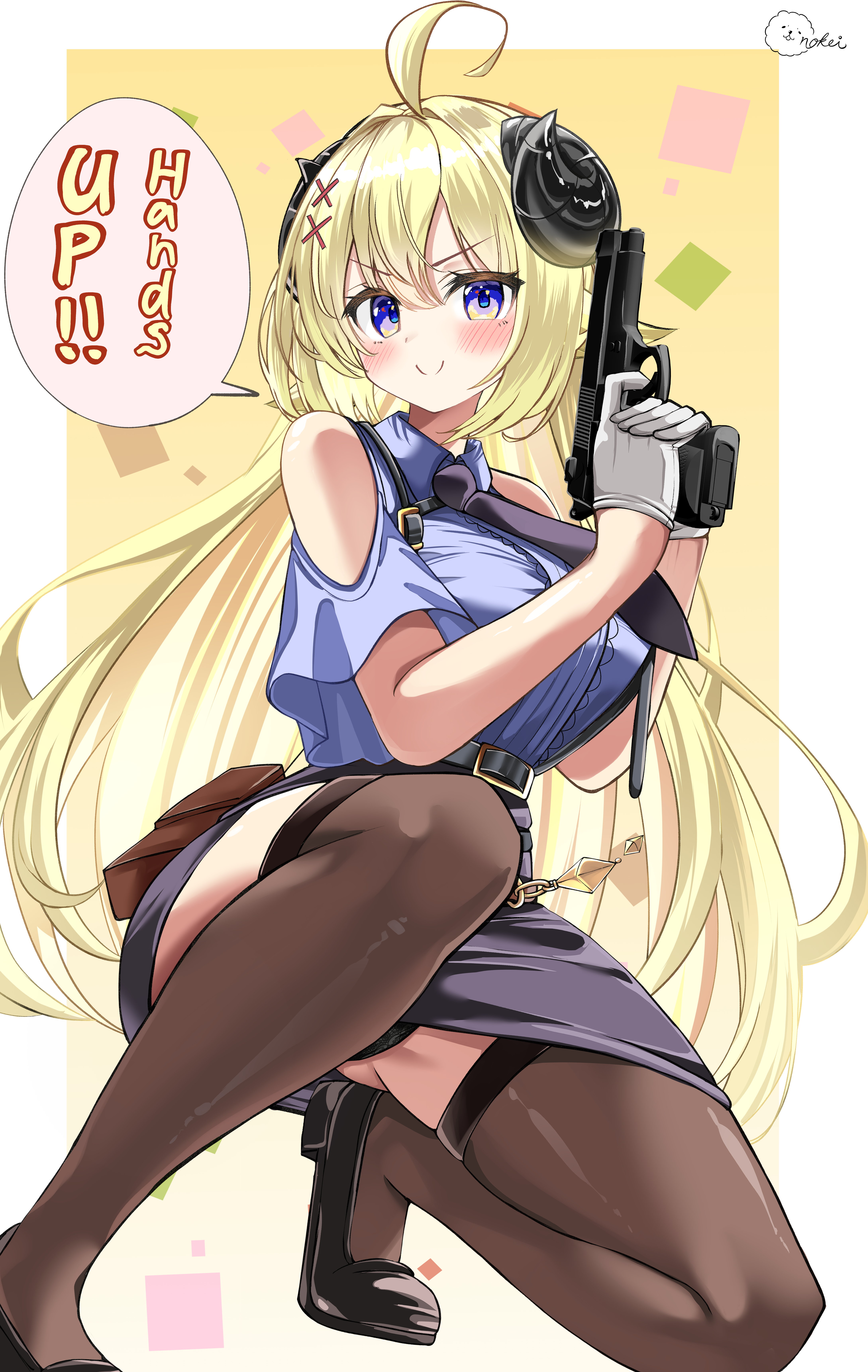 inokeiwd, tsunomaki watame, hololive, absurdres, highres, translation request, 1girl, ahoge, bare shoulders, black necktie, black panties, black skirt, black thighhighs, blonde hair, blue shirt, blush, breasts, gloves, gun, hair ornament, hat, holding, holding gun, holding weapon, kneeling, large breasts, long hair, looking at viewer, necktie, panties, police, police hat, police uniform, purple eyes, shirt, short sleeves, skirt, smile, solo, speech bubble, thighhighs, underwear, weapon, white gloves, x hair ornament