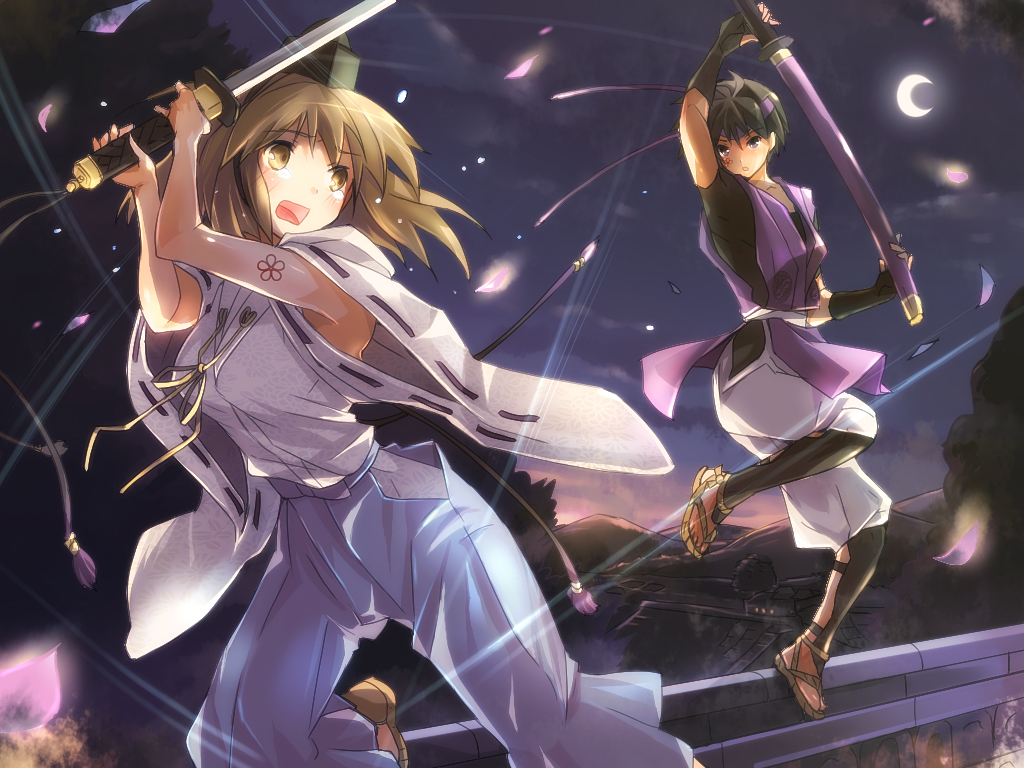 taira tsukune, hagiwara yukiho, kikuchi makoto, idolmaster, idolmaster (classic), idolmaster 1, 00s, black eyes, black hair, brown eyes, brown hair, gloves, japanese clothes, katana, moon, petals, sword, tears, weapon