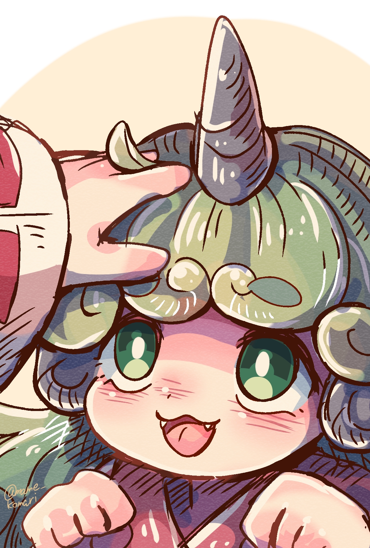 mame komari, hakurei reimu, komano aunn, touhou, commentary request, highres, 2girls, :3, bright pupils, eyebrows hidden by hair, fangs, green eyes, green hair, hands up, headpat, horns, long hair, long sleeves, multiple girls, one-hour drawing challenge, open mouth, simple background, single horn, smile, solo focus, white pupils