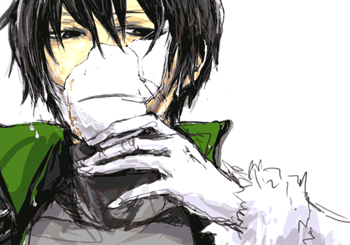 ra1kn, amber (darker than black), hei (darker than black), darker than black, bad id, bad pixiv id, lowres, 00s, 1boy, 1girl, black hair, broken mask, fur trim, gloves, mask, out of frame, white gloves