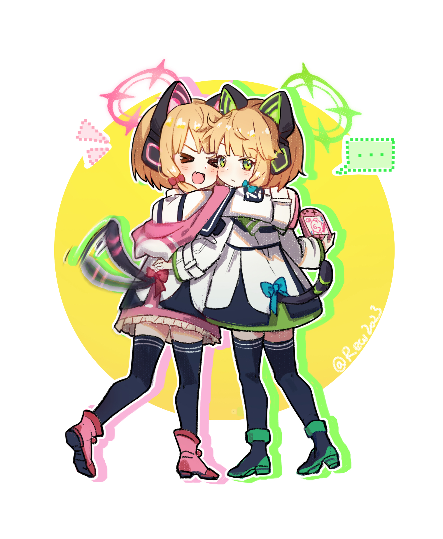 cherilynorz, doodle sensei (blue archive), midori (blue archive), momoi (blue archive), sensei (blue archive), blue archive, commentary request, highres, > <, …, 2girls, :d, afterimage, animal ear headphones, animal ear hood, animal ears, artist name, black boots, black jacket, black tail, black thighhighs, blonde hair, blunt bangs, blush, boots, bow, cat ear headphones, cat ears, cat tail, cheek-to-cheek, closed mouth, collared shirt, dotted line, drop shadow, fake animal ears, fake tail, fang, frilled jacket, frills, from behind, full body, green bow, green eyes, green halo, green jacket, hair bow, halo, hand on another's back, handheld game console, headphones, heads together, holding, holding handheld game console, hood, hood down, hooded jacket, hug, jacket, long sleeves, looking at viewer, looking back, low-tied sidelocks, motion blur, motion lines, multicolored jacket, multiple girls, off shoulder, open mouth, outline, parted bangs, pink boots, pink halo, pink jacket, red bow, school uniform, shirt, short hair, shout lines, siblings, sidelocks, sisters, skin fang, smile, spoken ellipsis, standing, suspenders, tail, tail bow, tail ornament, tail wagging, thighhighs, turning head, twins, two-tone background, white background, white jacket, white outline, white shirt, xd, yellow background