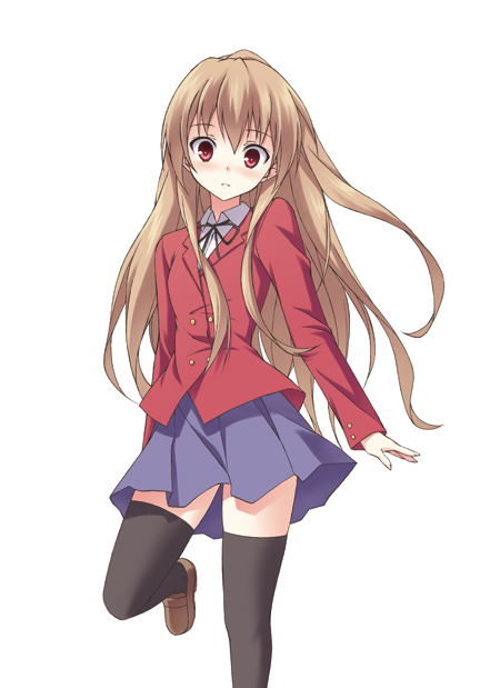 mikaze takashi, aisaka taiga, toradora!, 00s, 1girl, black thighhighs, blush, brown eyes, brown hair, female focus, long hair, red eyes, school uniform, simple background, solo, standing, standing on one leg, surprised, thighhighs, wide-eyed, zettai ryouiki