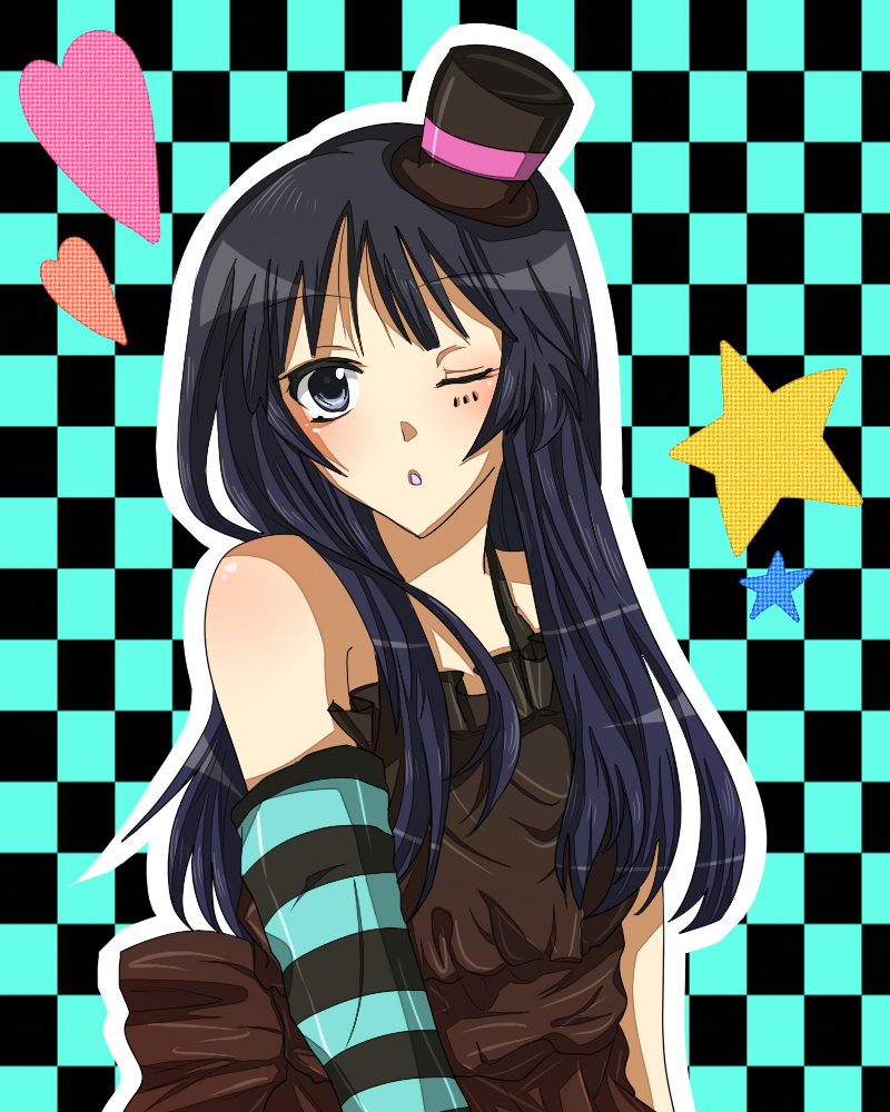 koko (artist), koko (kotobutyann), koko (pixiv56390), akiyama mio, don't say "lazy", k-on!, striped, bad id, bad pixiv id, 00s, 1girl, black eyes, black hair, facepaint, female focus, hat, hime cut, mini hat, mini top hat, one eye closed, solo, top hat, wink