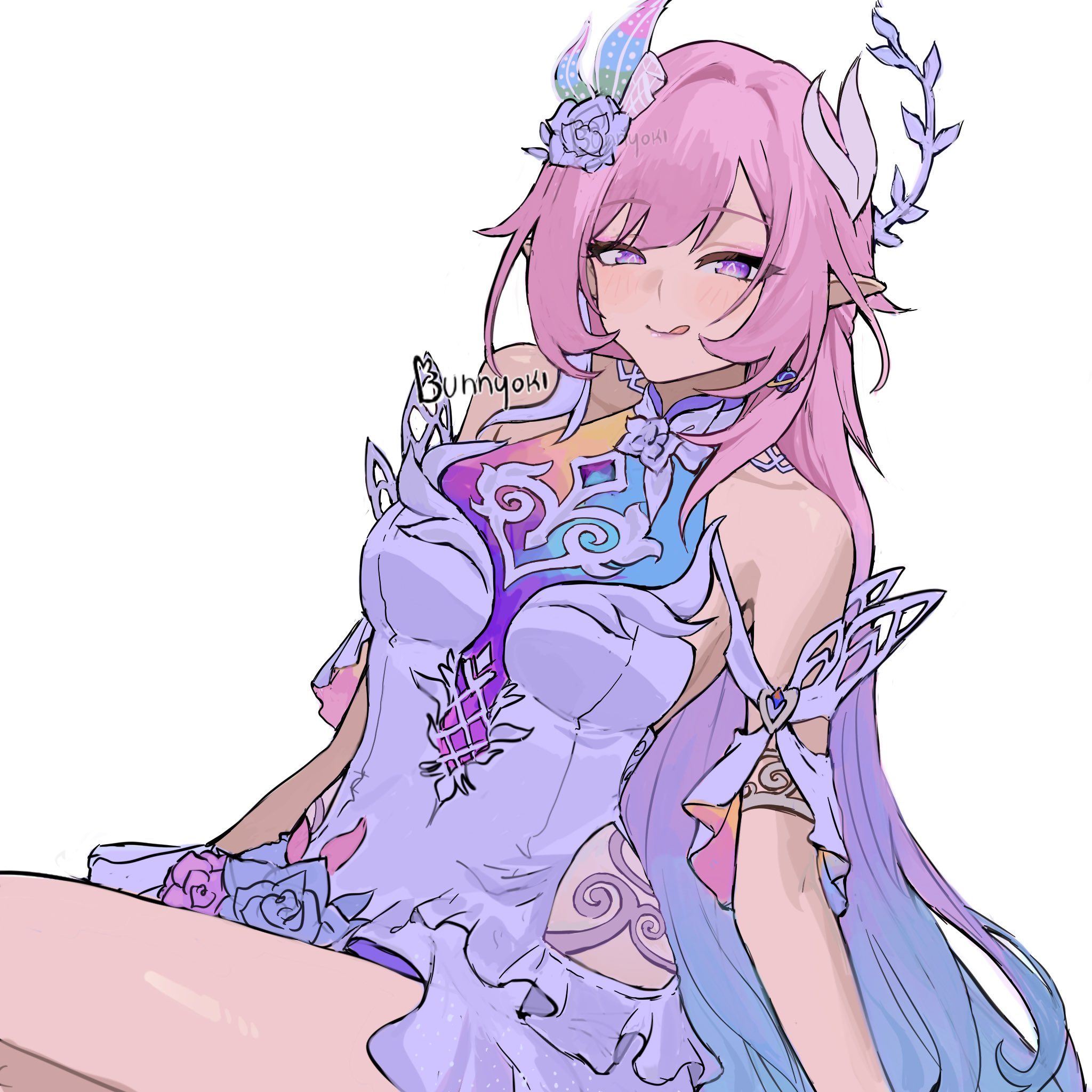 bunnyoki, cyrene (honkai: star rail), cyrene (ripples of past reverie) (honkai: star rail), honkai: star rail, honkai (series), commentary, english commentary, highres, 1girl, artist name, bare shoulders, breasts, diamond-shaped pupils, diamond (shape), dress, earrings, flower, hair flower, hair ornament, jewelry, large breasts, licking lips, long hair, pink hair, pointy ears, purple eyes, simple background, solo, symbol-shaped pupils, tongue, tongue out, upper body, very long hair, white background, white dress