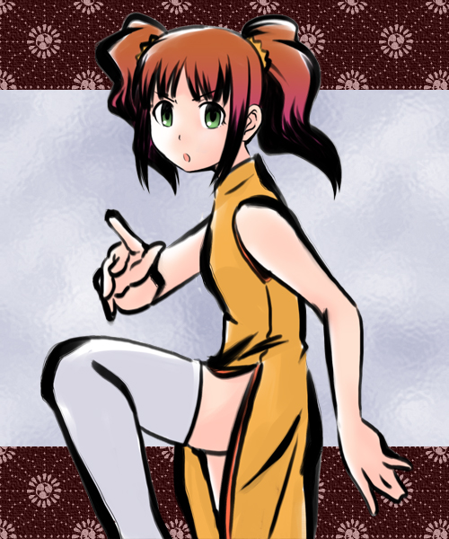 toshifumi, takatsuki yayoi, idolmaster, idolmaster (classic), idolmaster 1, 00s, 1girl, brown hair, china dress, chinese clothes, dress, female focus, fighting stance, green eyes, leg up, sleeveless, solo, thighhighs, twintails