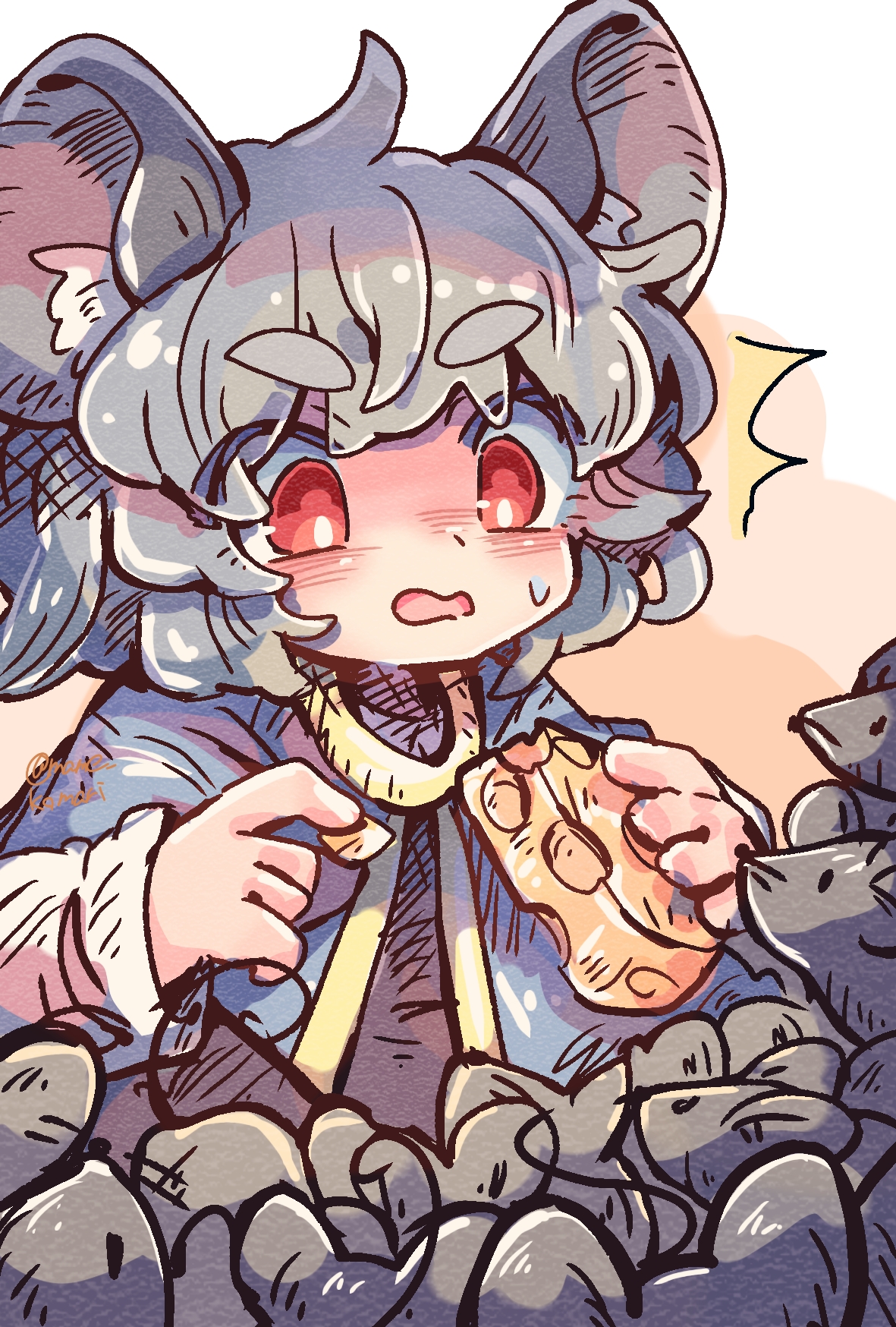 mame komari, nazrin, touhou, highres, 1girl, animal ears, blue shirt, blush, cheese, food, grey hair, long sleeves, mouse (animal), mouse ears, one-hour drawing challenge, open mouth, red eyes, shirt, short hair, solo