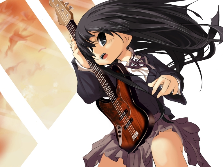 cyurin, akiyama mio, k-on!, 00s, 1girl, bass guitar, black eyes, black hair, blunt bangs, female focus, hime cut, instrument, long hair, school uniform, solo