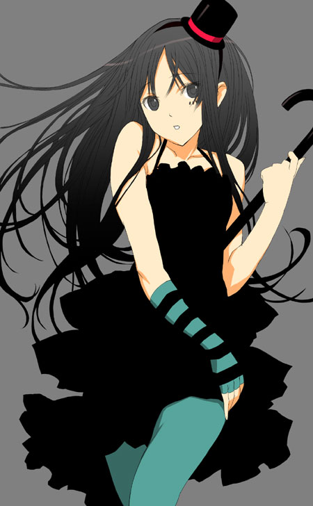 kage yuu, akiyama mio, don't say "lazy", k-on!, striped, bad id, bad pixiv id, 00s, 1girl, black eyes, black hair, blue pantyhose, dress, facepaint, female focus, hat, hime cut, long hair, mini hat, mini top hat, pantyhose, simple background, solo, top hat