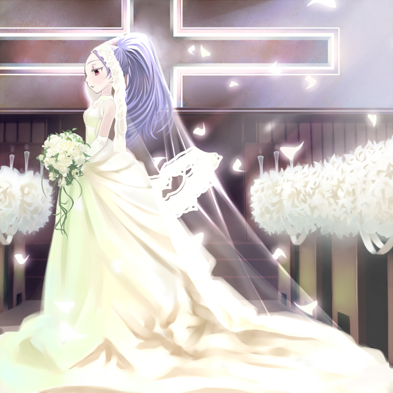 kotetsu motoya, yin (darker than black), darker than black, 00s, bouquet, bride, dress, flower, petals, ponytail, solo, wedding, wedding dress, white theme