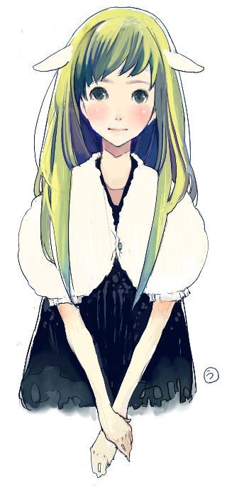 isuzu (uzushi), 1girl, animal ears, female focus, green eyes, green hair, lamb ears, lambgirl, matching hair/eyes, oekaki, solo