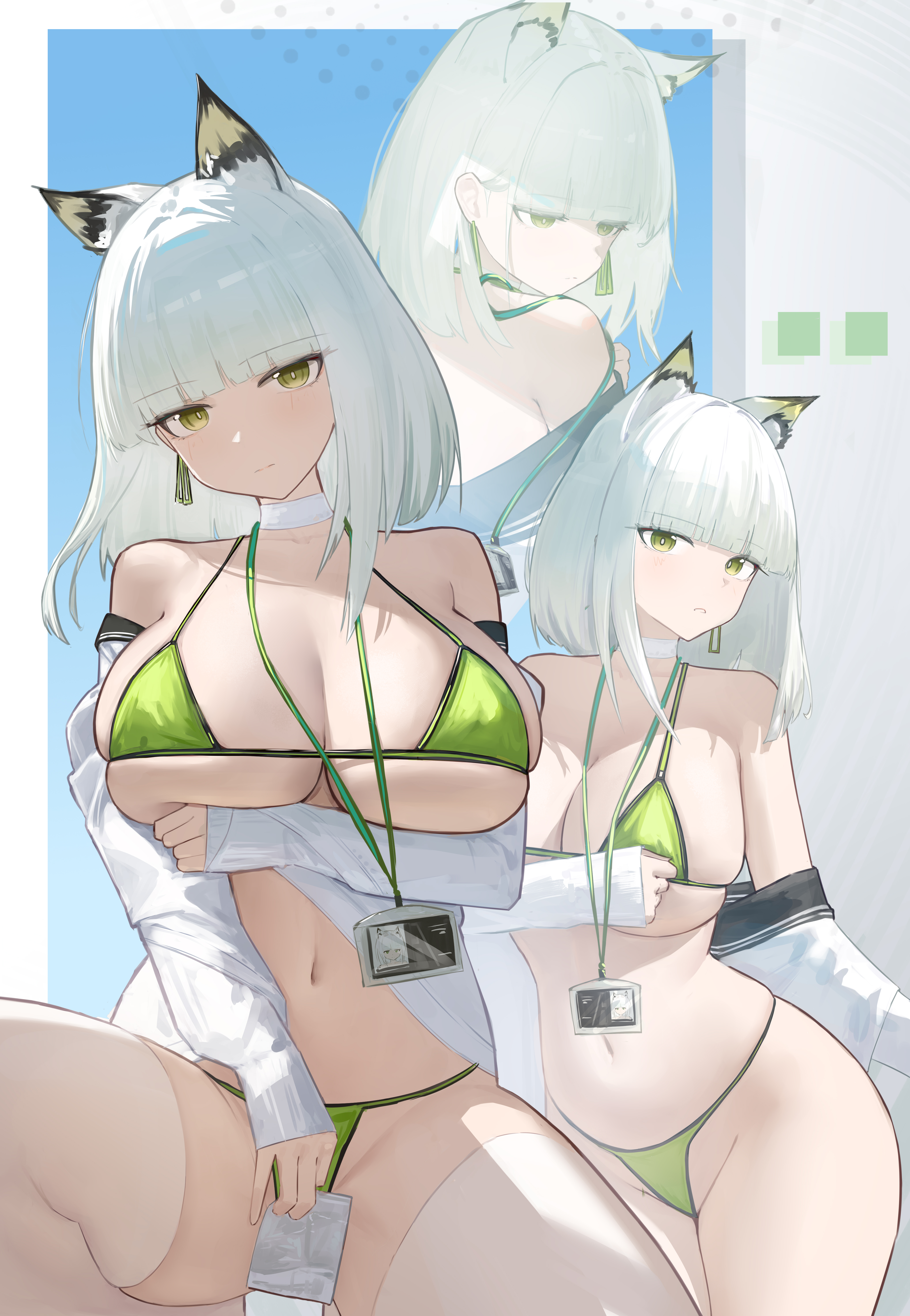 ciexbiet, kal'tsit (arknights), arknights, absurdres, chinese commentary, commentary request, highres, 1girl, alternate breast size (larger), alternate costume, animal ear fluff, animal ears, badge, bare back, bare shoulders, bikini, blue background, breasts, cat ears, cat girl, choker, cleavage, closed mouth, cowboy shot, cropped torso, earrings, feet out of frame, from behind, green bikini, green eyes, huge breasts, jewelry, long hair, long sidelocks, long sleeves, looking at viewer, looking down, micro bikini, multiple views, navel, off shoulder, open clothes, open shirt, parted lips, portrait, shirt, shirt partially removed, sidelocks, simple background, solo, stomach, strap slip, swimsuit, thighhighs, white background, white choker, white hair, white shirt, white thighhighs