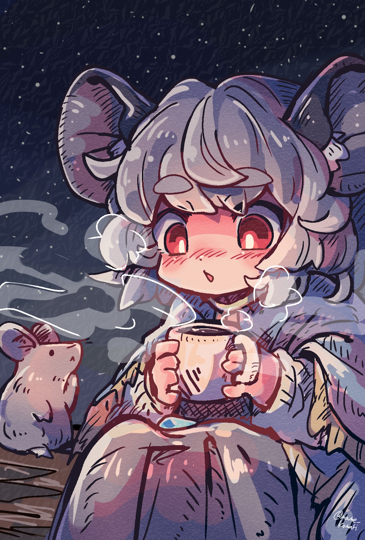 mame komari, nazrin, touhou, commentary, highres, 1girl, animal, animal ear fluff, animal ears, blush, capelet, cup, grey capelet, grey hair, grey skirt, holding, holding cup, long sleeves, looking down, mouse (animal), mouse ears, mug, night, night sky, nose blush, one-hour drawing challenge, outdoors, parted lips, red eyes, shirt, short eyebrows, skirt, sky, sleeves past wrists, solo, star (sky), starry sky, steam, thick eyebrows, twitter username, white shirt