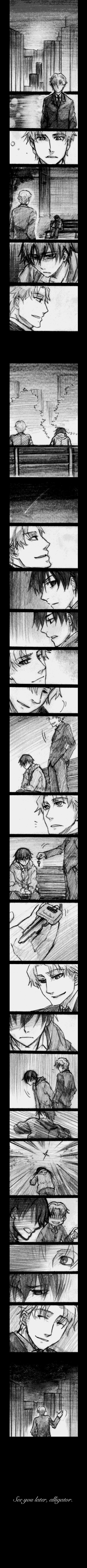eye (sky), hei (darker than black), november 11 (darker than black), darker than black, absurdres, bad id, bad pixiv id, highres, long image, tall image, 00s, comic, greyscale, monochrome, silent comic