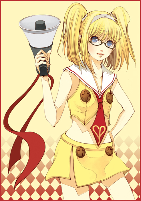 isuzu (uzushi), 1girl, blonde hair, blue eyes, buttons, female focus, glasses, hair ornament, hairband, megaphone, midriff, miniskirt, necktie, sailor collar, skirt, smile, solo, twintails