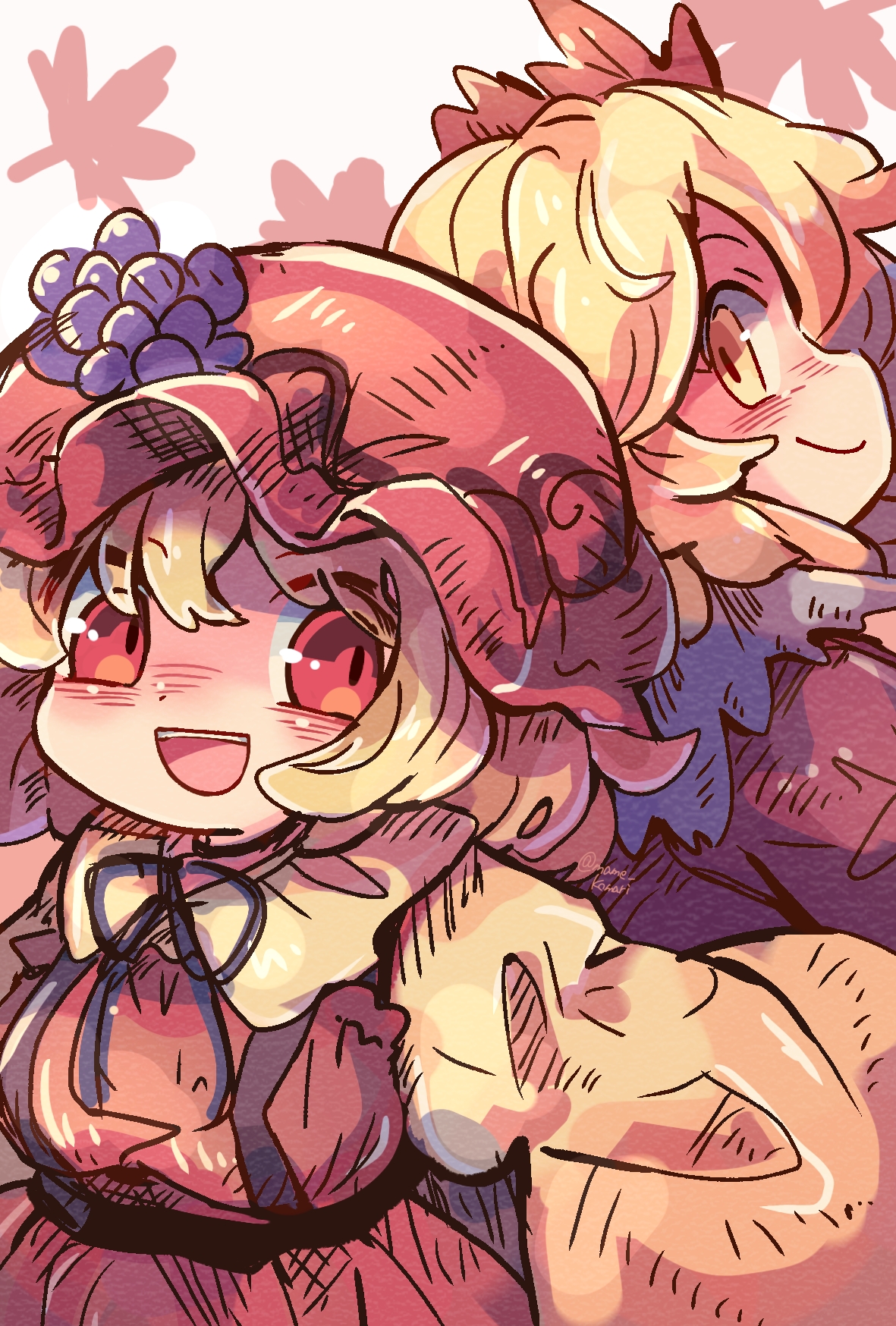 mame komari, aki minoriko, aki shizuha, touhou, commentary, highres, 2girls, :d, autumn leaves, black ribbon, blonde hair, blush, dress, grape hat ornament, hair ornament, hat, leaf, leaf hair ornament, long sleeves, looking at another, looking at viewer, medium hair, mob cap, multiple girls, one-hour drawing challenge, open mouth, red dress, red eyes, red hat, red shirt, ribbon, shirt, siblings, sideways glance, sisters, smile, teeth, twitter username, upper body, upper teeth only, wide sleeves, yellow eyes, yellow shirt