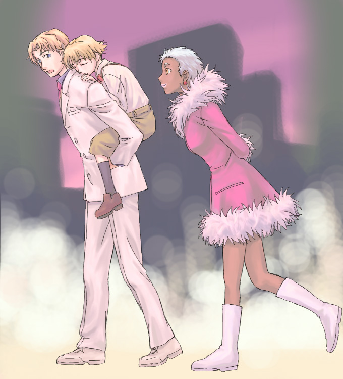 mitsuka (kokudou kensetsu), april (darker than black), july (darker than black), november 11 (darker than black), darker than black, silver hair, 00s, 1girl, 2boys, arms behind back, blonde hair, carrying, closed eyes, coat, dark skin, formal clothes, from side, full body, fur coat, fur trim, long sleeves, multiple boys, pants, piggyback, short hair, sleeping, standing, suit, winter clothes, winter coat