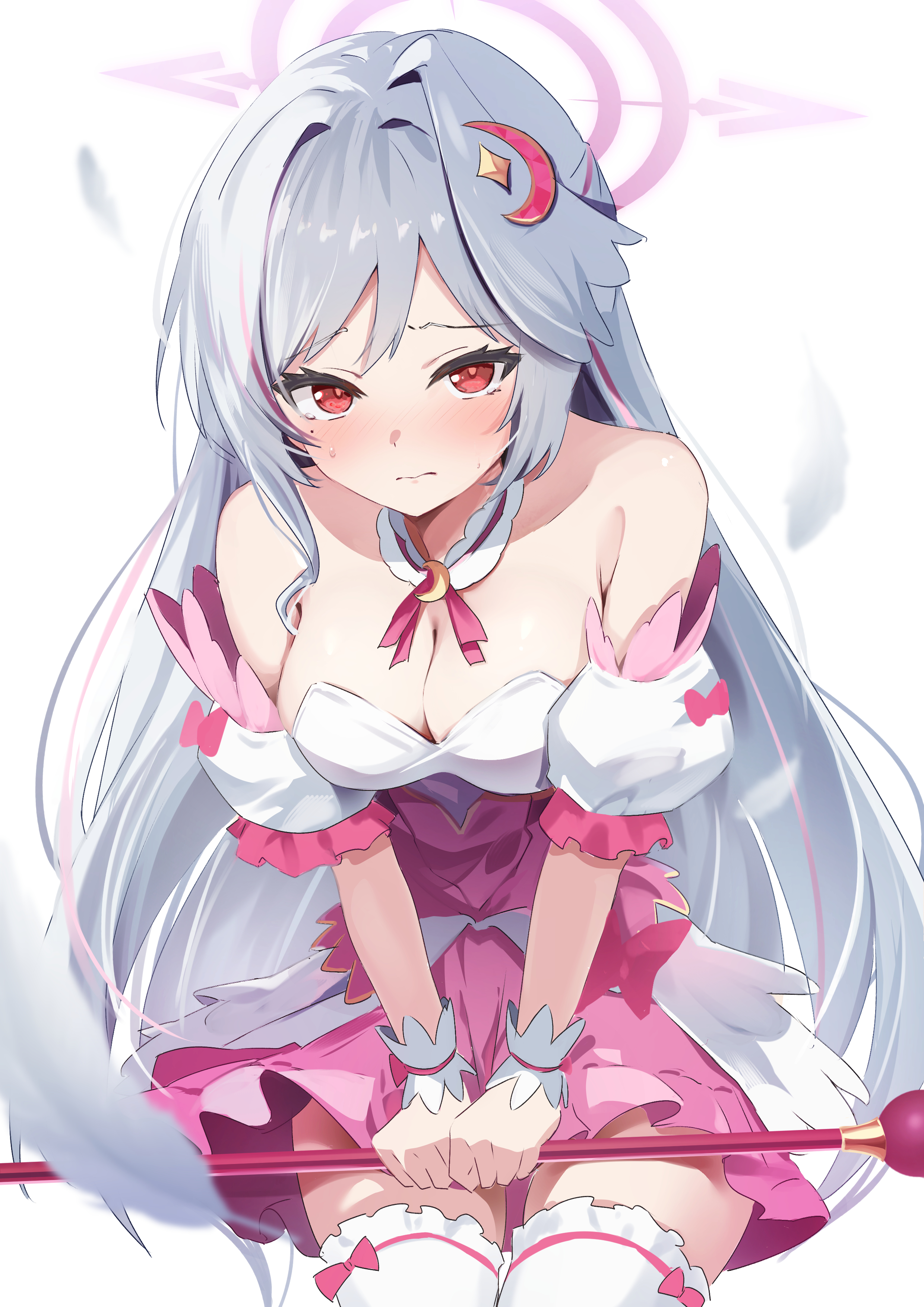 akazawa kureha, suzumi (blue archive), suzumi (magical) (blue archive), blue archive, absurdres, highres, 1girl, breasts, bustier, crescent, crescent hair ornament, detached sleeves, grey wings, hair ornament, halo, head wings, holding, holding staff, large breasts, long hair, looking at viewer, mage staff, magical girl, official alternate costume, pink halo, purple halo, red eyes, single hair intake, single head wing, solo, staff, thighhighs, very long hair, white hair, white thighhighs, wings