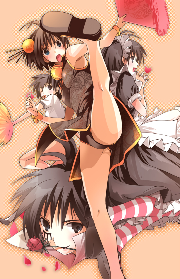 taira tsukune, kikuchi makoto, idolmaster, idolmaster (classic), idolmaster 1, striped, 00s, 1girl, antenna hair, bell, black eyes, black hair, black panties, buruma, china dress, chinese clothes, dress, female focus, flower, folding fan, gym uniform, hair ornament, hairpin, hand fan, heart, high kick, holding, holding fan, jingle bell, kicking, leg up, legs, long legs, maid, mouth hold, panties, rose, solo, thighs, underwear, wristband
