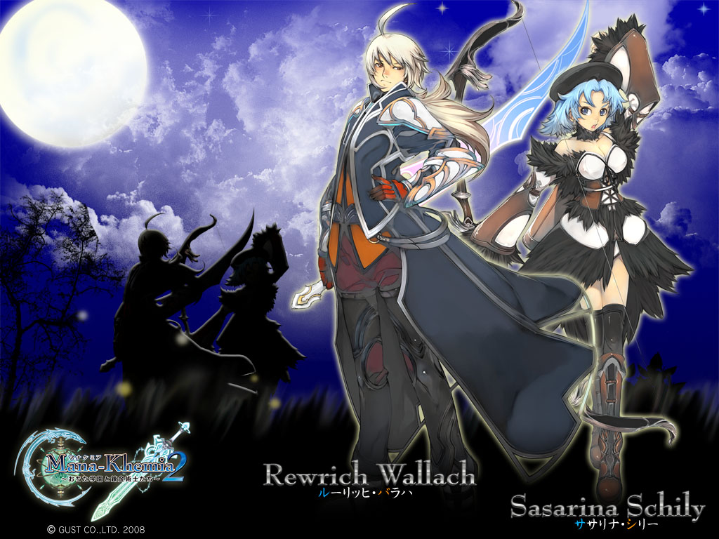 yoshizumi kazuyuki, rewrich wallach, sasarina schily, atelier (series), gust, mana khemia (series), mana khemia 2, 1boy, 1girl, blue hair, bow, character name, copyright name, dark, logo, moon, night, sword, thighhighs, weapon, white hair