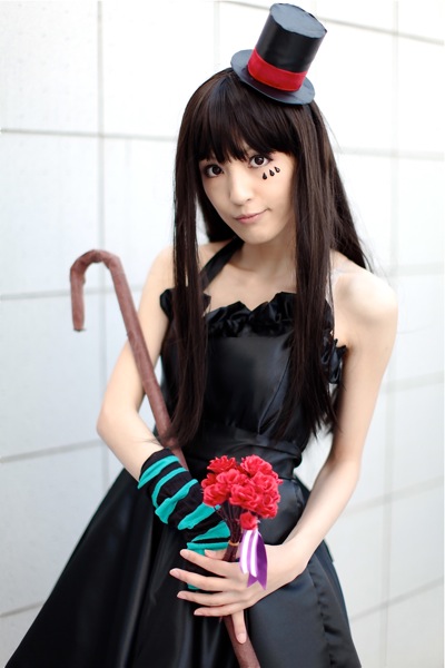 akiyama mio, don't say "lazy", k-on!, cosplay photo, non-web source, photo (medium), 1girl, akiyama mio (cosplay), black hair, cane, cosplay, dress, facepaint, female focus, hat, long hair, mini hat, mini top hat, solo, top hat