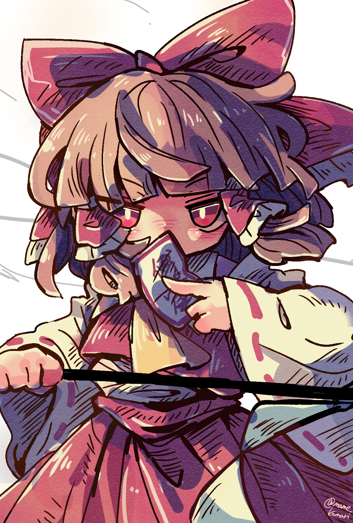 mame komari, hakurei reimu, touhou, commentary request, highres, 1girl, ascot, bright pupils, brown hair, cowboy shot, detached sleeves, hair ribbon, holding, japanese clothes, long sleeves, medium hair, nontraditional miko, one-hour drawing challenge, pleated skirt, red eyes, red ribbon, red skirt, ribbon, skirt, solo, white pupils, white sleeves, yellow ascot